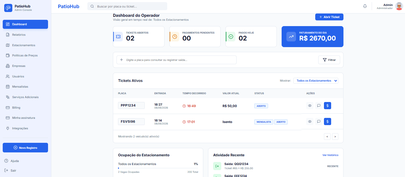 Painel web do PatioHub: dashboard do operador com tickets ativos, faturamento do dia e ocupação do estacionamento.